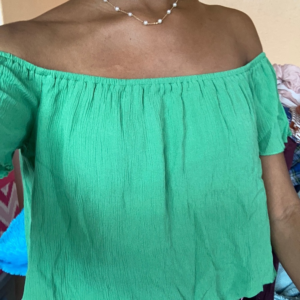 Flowy Green Off the Shoulder Crop Top